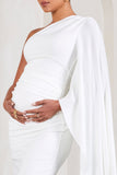 Adeline White Ruched Asymmetric Split Maternity Midi Dress With Cape Sleeve