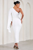 Adeline White Ruched Asymmetric Split Maternity Midi Dress With Cape Sleeve