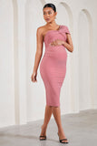 Admired Blush Pink Ruched One-Shoulder Maternity Midi Dress