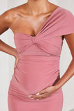 Admired Blush Pink Ruched One-Shoulder Maternity Midi Dress