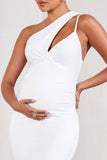 Abigail White Sleeveless Asymmetric Maternity Midi Dress