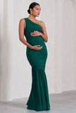 Make My Day Bottle Green One-Shoulder Ruched Split Maternity Maxi Dress