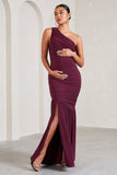 Make My Day Burgundy One-Shoulder Ruched Split Maternity Maxi Dress