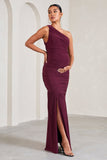 Make My Day Burgundy One-Shoulder Ruched Split Maternity Maxi Dress