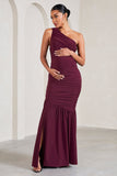 Make My Day Burgundy One-Shoulder Ruched Split Maternity Maxi Dress