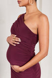 Make My Day Burgundy One-Shoulder Ruched Split Maternity Maxi Dress