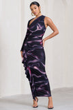 Compass Black Printed One-Sleeved Cut-Out Maxi Dress With Ruffle