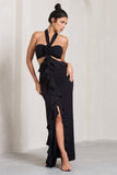 Powerful Black Cut-Out Halter-Neck Maxi Dress With Flower & Ruffles