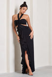 Powerful Black Cut-Out Halter-Neck Maxi Dress With Flower & Ruffles