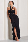 Powerful Black Cut-Out Halter-Neck Maxi Dress With Flower & Ruffles