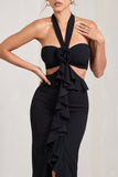 Powerful Black Cut-Out Halter-Neck Maxi Dress With Flower & Ruffles