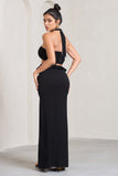 Powerful Black Cut-Out Halter-Neck Maxi Dress With Flower & Ruffles