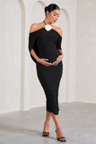 Daisy Black & White Ruched Flower Halter-Neck Drape-Sleeve Maternity Midi Dress