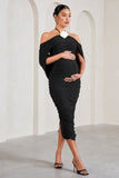 Daisy Black & White Ruched Flower Halter-Neck Drape-Sleeve Maternity Midi Dress