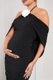 Daisy Black & White Ruched Flower Halter-Neck Drape-Sleeve Maternity Midi Dress