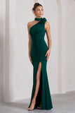 In Suspense Bottle Green Asymmetric Halter-Neck Split Maxi Dress With Flower