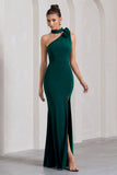 In Suspense Bottle Green Asymmetric Halter-Neck Split Maxi Dress With Flower