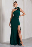 In Suspense Bottle Green Asymmetric Halter-Neck Split Maxi Dress With Flower