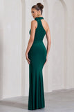 In Suspense Bottle Green Asymmetric Halter-Neck Split Maxi Dress With Flower