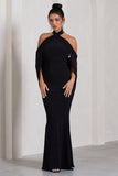 Revelation Black Crossed Halter-Neck Fishtail Maxi Dress With Cape