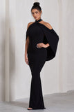 Revelation Black Crossed Halter-Neck Fishtail Maxi Dress With Cape