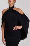 Revelation Black Crossed Halter-Neck Fishtail Maxi Dress With Cape