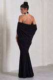 Revelation Black Crossed Halter-Neck Fishtail Maxi Dress With Cape