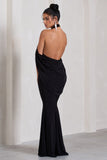 Revelation Black Crossed Halter-Neck Fishtail Maxi Dress With Cape