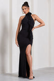 Wanderer Black Ruched Halter-Neck Split Maxi Dress With Flower