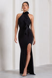 Wanderer Black Ruched Halter-Neck Split Maxi Dress With Flower