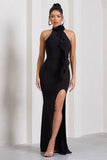 Wanderer Black Ruched Halter-Neck Split Maxi Dress With Flower