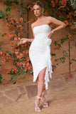 Pure Excess White Bandeau Ruched Ruffle Midi Dress With Flower