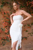 Pure Excess White Bandeau Ruched Ruffle Midi Dress With Flower