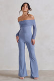 Whisper Ice Blue Ruched Mesh Bardot Jumpsuit