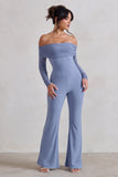 Whisper Ice Blue Ruched Mesh Bardot Jumpsuit