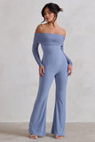 Whisper Ice Blue Ruched Mesh Bardot Jumpsuit