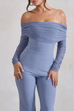 Whisper Ice Blue Ruched Mesh Bardot Jumpsuit