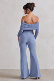 Whisper Ice Blue Ruched Mesh Bardot Jumpsuit