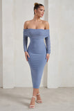 Only You Ice Blue Ruched Mesh Bardot Midi Dress