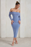 Only You Ice Blue Ruched Mesh Bardot Midi Dress