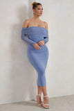 Only You Ice Blue Ruched Mesh Bardot Midi Dress