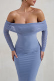 Only You Ice Blue Ruched Mesh Bardot Midi Dress