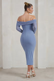 Only You Ice Blue Ruched Mesh Bardot Midi Dress