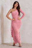 Never Let Go Rose Pink One Shoulder Ruched Side Detail Maxi Dress