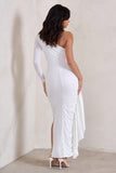 Never Let Go  White One Shoulder Ruched Side Detail Maxi Dress