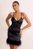 Members Only Black Satin Feather Trim Mini Dress