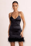 Members Only Black Satin Feather Trim Mini Dress