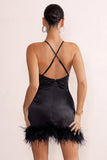 Members Only Black Satin Feather Trim Mini Dress