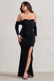 Midnight Black Draped Long Sleeve Maxi Dress