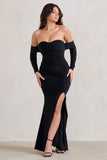 Midnight Black Draped Long Sleeve Maxi Dress